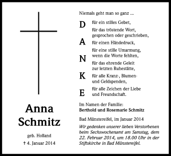 Anzeige von Anna Schmitz von Kölner Stadt-Anzeiger / Kölnische Rundschau / Express