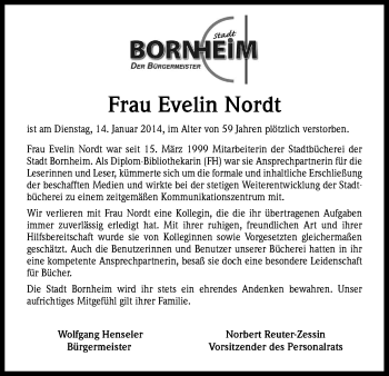 Anzeige von Evelin Nordt von Kölner Stadt-Anzeiger / Kölnische Rundschau / Express