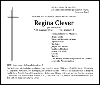Anzeige von Regina Clever von Kölner Stadt-Anzeiger / Kölnische Rundschau / Express