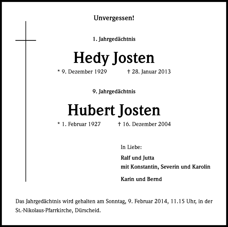  Traueranzeige für Hedy und Hubert Josten vom 01.02.2014 aus Kölner Stadt-Anzeiger / Kölnische Rundschau / Express