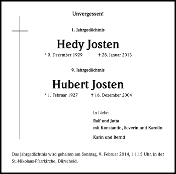 Anzeige von Hedy und Hubert Josten von Kölner Stadt-Anzeiger / Kölnische Rundschau / Express