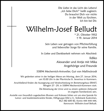 Anzeige von Wilhelm-Josef Belludt von Kölner Stadt-Anzeiger / Kölnische Rundschau / Express