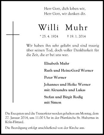 Anzeige von Willi Muhr von Kölner Stadt-Anzeiger / Kölnische Rundschau / Express