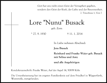 Anzeige von Lore Busack von Kölner Stadt-Anzeiger / Kölnische Rundschau / Express