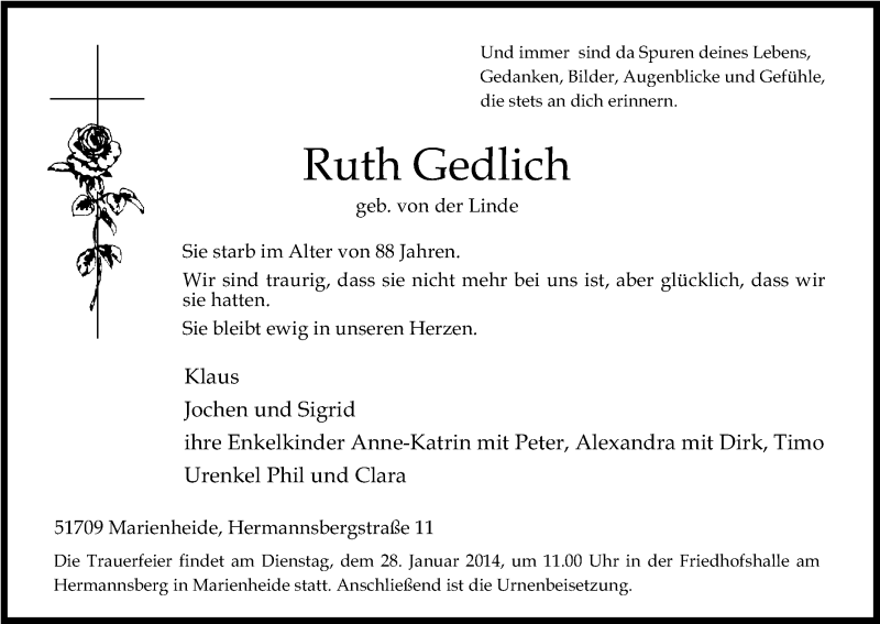  Traueranzeige für Ruth Gedlich vom 23.01.2014 aus Kölner Stadt-Anzeiger / Kölnische Rundschau / Express