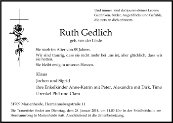 Anzeige von Ruth Gedlich von Kölner Stadt-Anzeiger / Kölnische Rundschau / Express