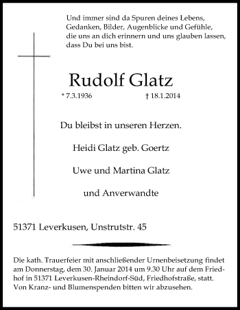 Anzeige von Rudolf Glatz von Kölner Stadt-Anzeiger / Kölnische Rundschau / Express