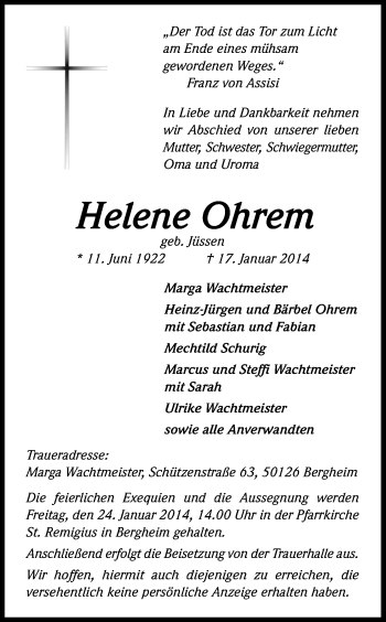 Anzeige von Helene Ohrem von Kölner Stadt-Anzeiger / Kölnische Rundschau / Express