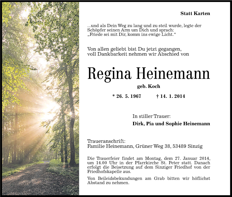  Traueranzeige für Regina Heinemann vom 22.01.2014 aus Kölner Stadt-Anzeiger / Kölnische Rundschau / Express