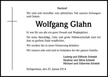 Anzeige von Wolfgang Glahn von Kölner Stadt-Anzeiger / Kölnische Rundschau / Express