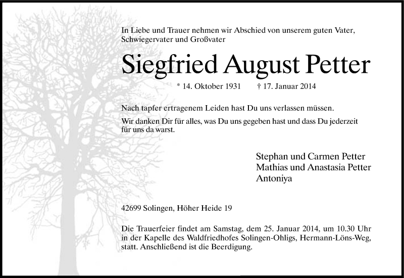  Traueranzeige für Siegfried August Petter vom 22.01.2014 aus Kölner Stadt-Anzeiger / Kölnische Rundschau / Express