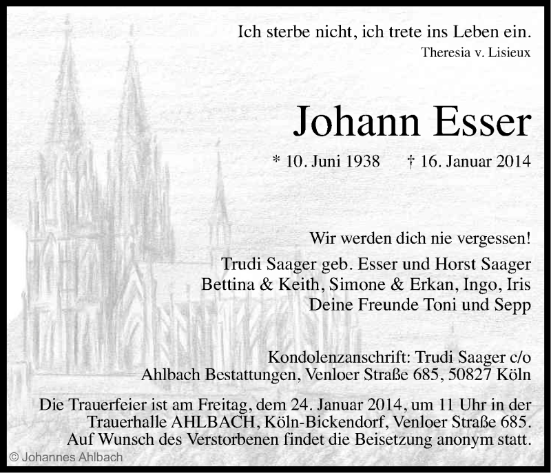  Traueranzeige für Johann Esser vom 22.01.2014 aus Kölner Stadt-Anzeiger / Kölnische Rundschau / Express