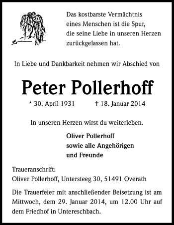 Anzeige von Peter Pollerhoff von Kölner Stadt-Anzeiger / Kölnische Rundschau / Express