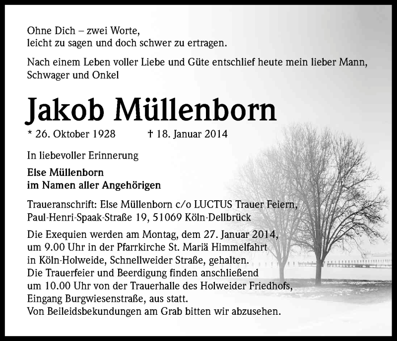  Traueranzeige für Jakob Müllenborn vom 24.01.2014 aus Kölner Stadt-Anzeiger / Kölnische Rundschau / Express