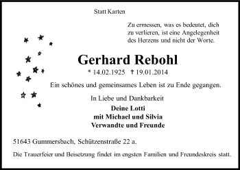 Anzeige von Gerhard Rebohl von Kölner Stadt-Anzeiger / Kölnische Rundschau / Express