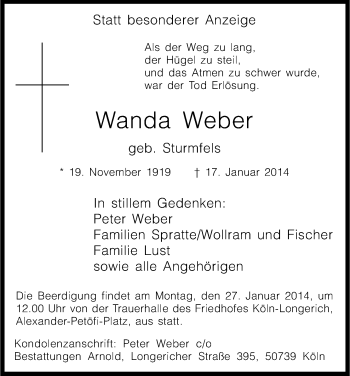 Anzeige von Wanda Weber von Kölner Stadt-Anzeiger / Kölnische Rundschau / Express