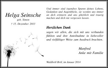 Anzeige von Helga Seinsche von Kölner Stadt-Anzeiger / Kölnische Rundschau / Express