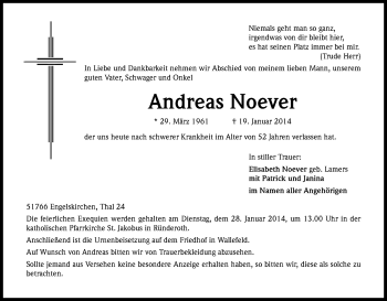 Anzeige von Andreas Noever von Kölner Stadt-Anzeiger / Kölnische Rundschau / Express