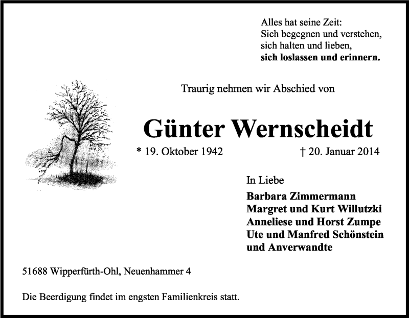  Traueranzeige für Günter Wernscheidt vom 22.01.2014 aus Kölner Stadt-Anzeiger / Kölnische Rundschau / Express