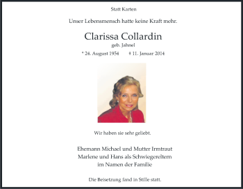 Anzeige von Clarissa Collardin von Kölner Stadt-Anzeiger / Kölnische Rundschau / Express