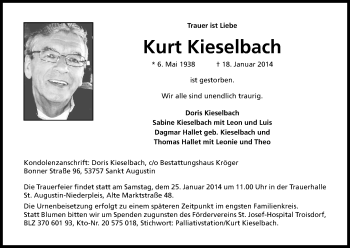 Anzeige von Kurt Kieselbach von Kölner Stadt-Anzeiger / Kölnische Rundschau / Express