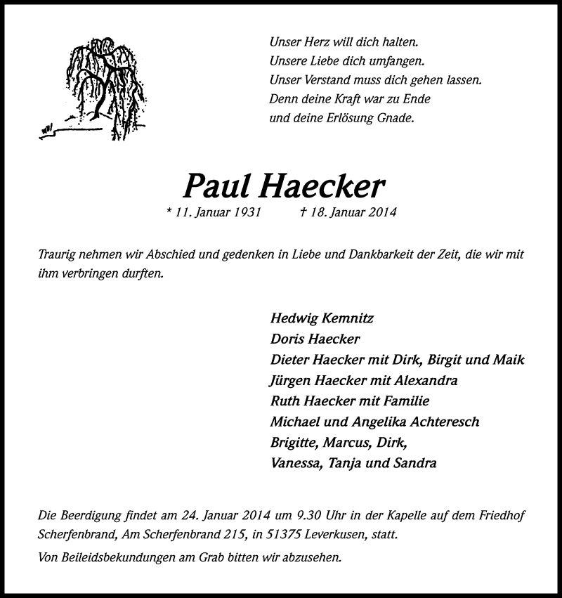  Traueranzeige für Paul Haecker vom 22.01.2014 aus Kölner Stadt-Anzeiger / Kölnische Rundschau / Express