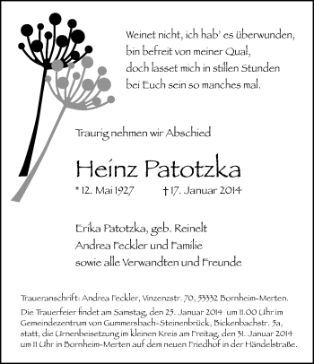 Anzeige von Heinz Patotzka von Kölner Stadt-Anzeiger / Kölnische Rundschau / Express