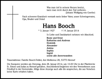 Anzeige von Hans Booch von Kölner Stadt-Anzeiger / Kölnische Rundschau / Express