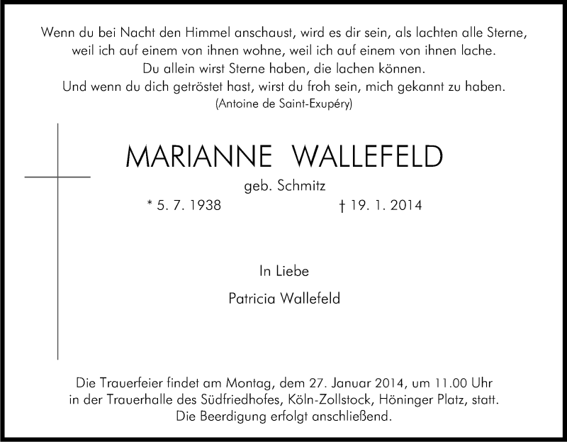  Traueranzeige für Marianne Wallefeld vom 24.01.2014 aus Kölner Stadt-Anzeiger / Kölnische Rundschau / Express