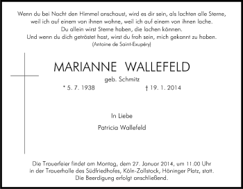 Anzeige von Marianne Wallefeld von Kölner Stadt-Anzeiger / Kölnische Rundschau / Express