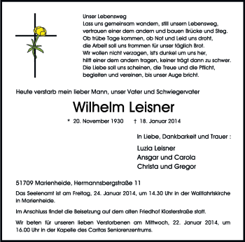 Anzeige von Wilhelm Leisner von Kölner Stadt-Anzeiger / Kölnische Rundschau / Express