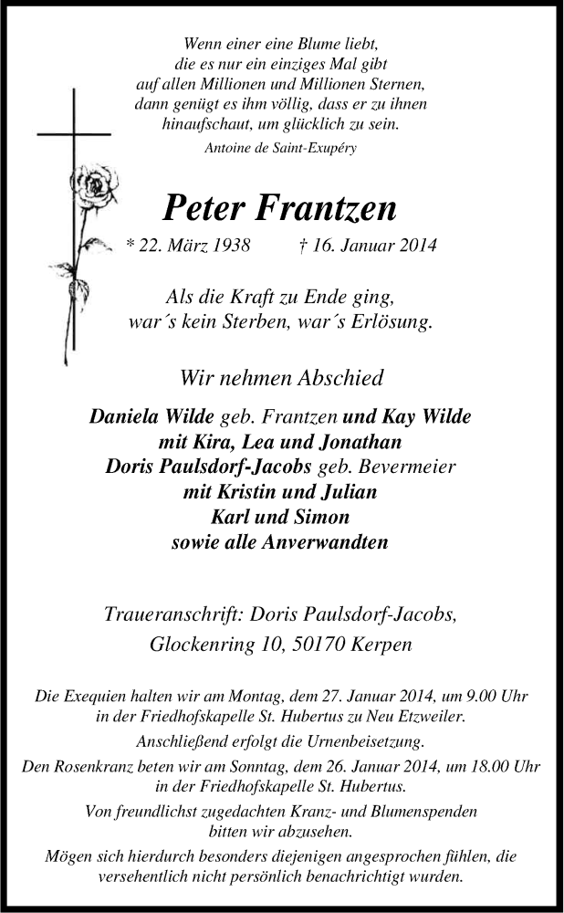  Traueranzeige für Peter Frantzen vom 22.01.2014 aus Kölner Stadt-Anzeiger / Kölnische Rundschau / Express