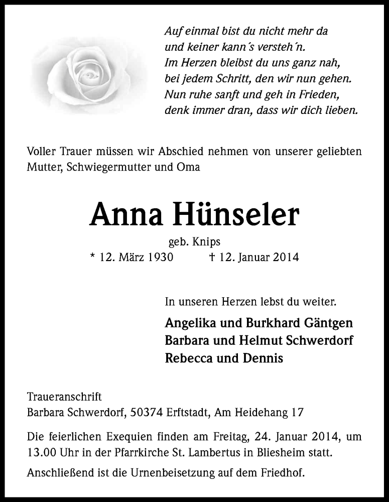  Traueranzeige für Anna Hünseler vom 22.01.2014 aus Kölner Stadt-Anzeiger / Kölnische Rundschau / Express