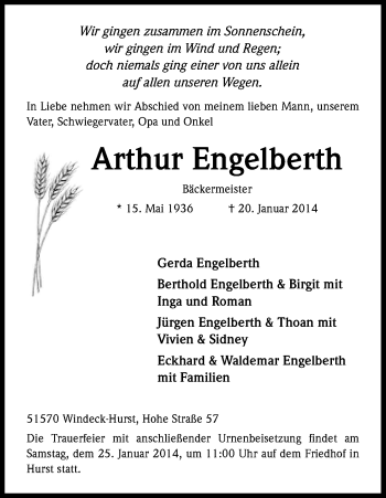 Anzeige von Arthur Engelberth von Kölner Stadt-Anzeiger / Kölnische Rundschau / Express