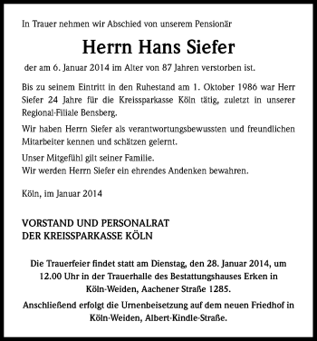 Anzeige von Hans Siefer von Kölner Stadt-Anzeiger / Kölnische Rundschau / Express