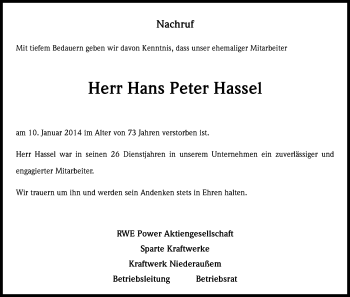 Anzeige von Hans Peter Hassel von Kölner Stadt-Anzeiger / Kölnische Rundschau / Express