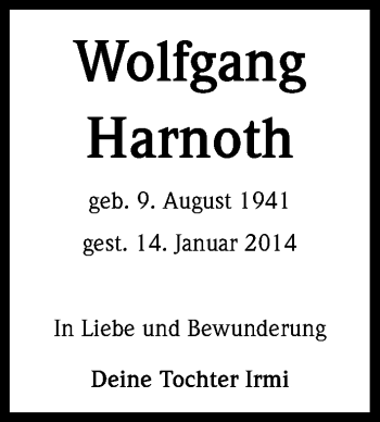 Anzeige von Wolfgang Harnoth von Kölner Stadt-Anzeiger / Kölnische Rundschau / Express