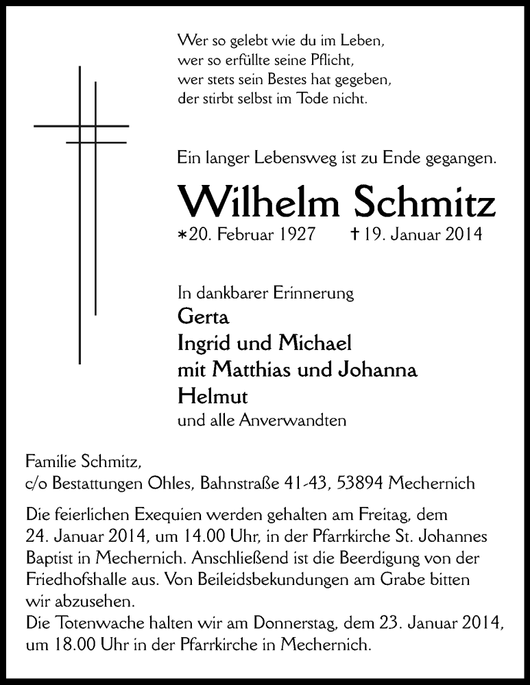  Traueranzeige für Wilhelm Schmitz vom 22.01.2014 aus Kölner Stadt-Anzeiger / Kölnische Rundschau / Express