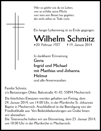 Anzeige von Wilhelm Schmitz von Kölner Stadt-Anzeiger / Kölnische Rundschau / Express