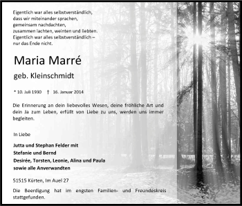 Anzeige von Maria Marré von Kölner Stadt-Anzeiger / Kölnische Rundschau / Express