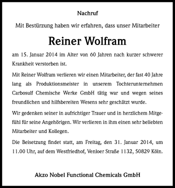 Anzeige von Reiner Wolfram von Kölner Stadt-Anzeiger / Kölnische Rundschau / Express