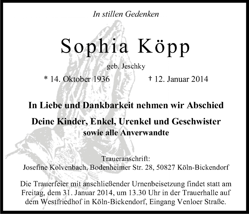  Traueranzeige für Sophia Köpp vom 25.01.2014 aus Kölner Stadt-Anzeiger / Kölnische Rundschau / Express
