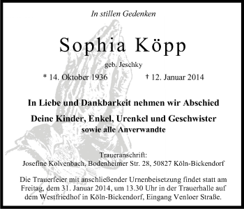 Anzeige von Sophia Köpp von Kölner Stadt-Anzeiger / Kölnische Rundschau / Express