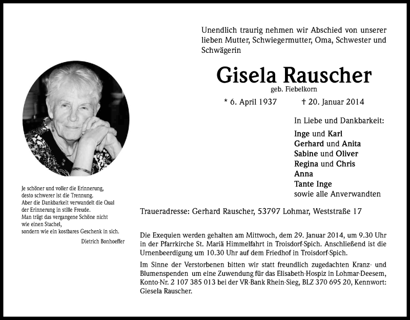  Traueranzeige für Gisela Rauscher vom 25.01.2014 aus Kölner Stadt-Anzeiger / Kölnische Rundschau / Express