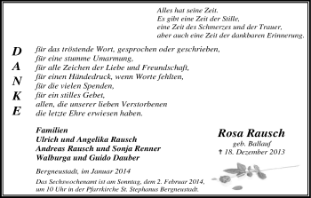 Anzeige von Rosa Rausch von Kölner Stadt-Anzeiger / Kölnische Rundschau / Express