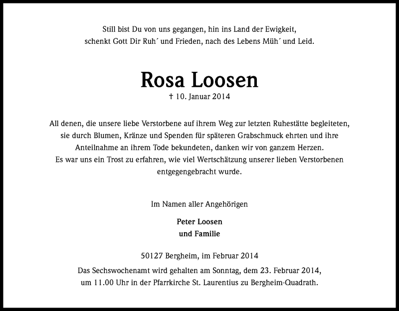  Traueranzeige für Rosa Loosen vom 15.02.2014 aus Kölner Stadt-Anzeiger / Kölnische Rundschau / Express