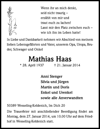 Anzeige von Mathias Haas von Kölner Stadt-Anzeiger / Kölnische Rundschau / Express