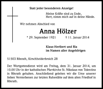 Anzeige von Anna Hölzer von Kölner Stadt-Anzeiger / Kölnische Rundschau / Express