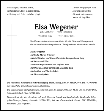 Anzeige von Elsa Wegener von Kölner Stadt-Anzeiger / Kölnische Rundschau / Express