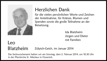 Anzeige von Leo Blatzheim von Kölner Stadt-Anzeiger / Kölnische Rundschau / Express